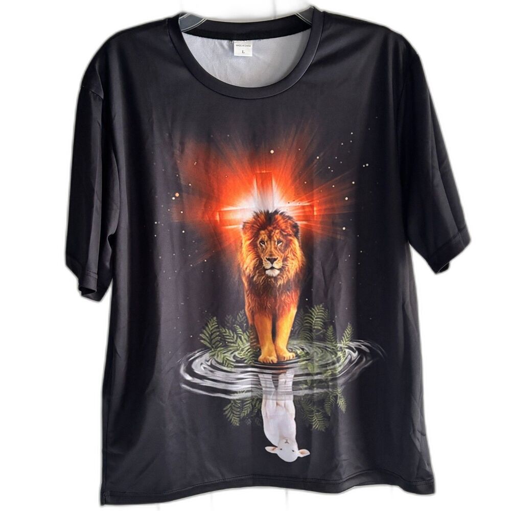 The Lion Of Judah & The Lamb Of God Inspirational Front & Back Design Men's L #F
